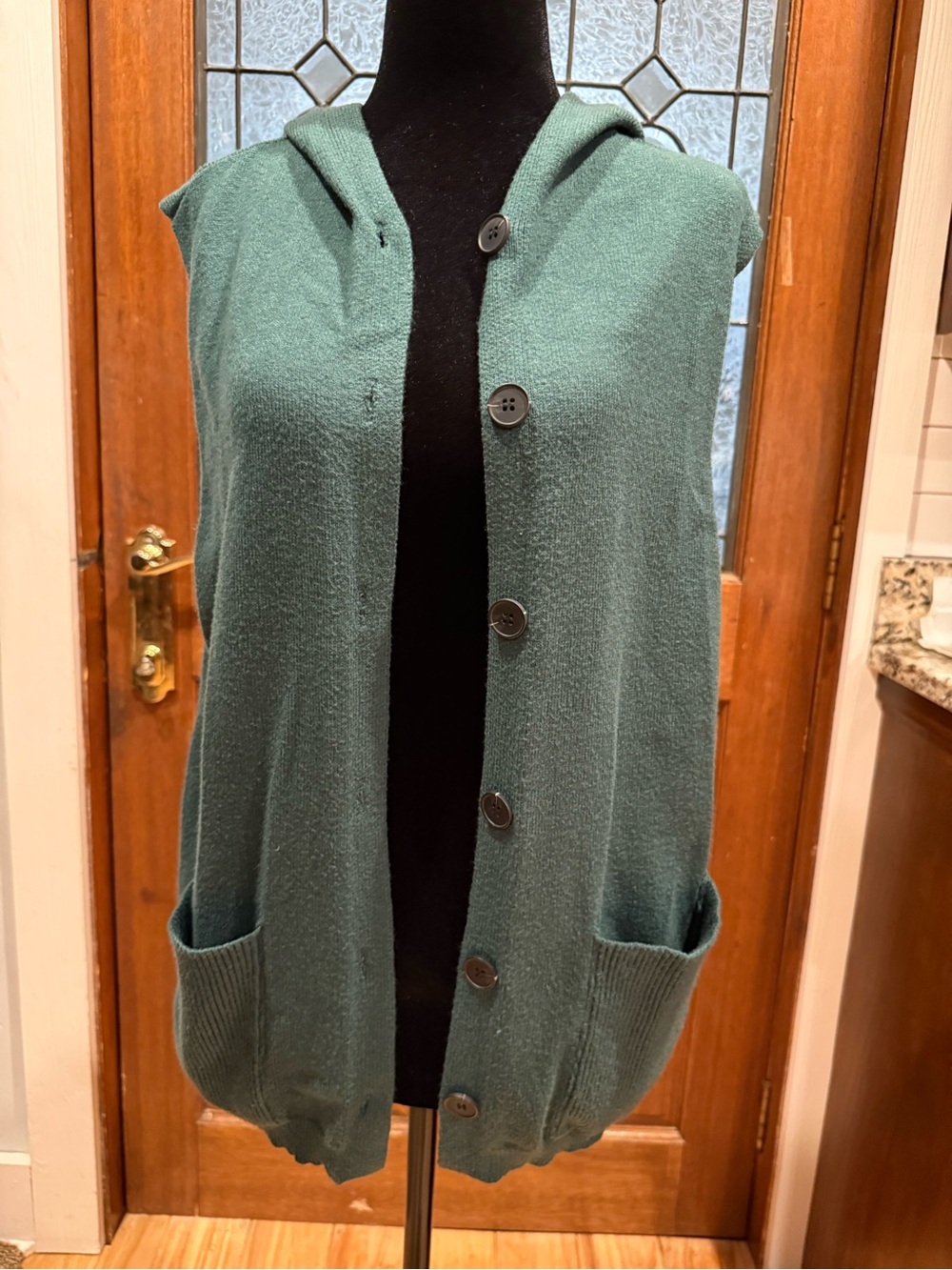 Hooded Button-Front Sleeveless Cardigan Vest - Dark Green